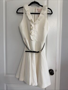 Ted Baker London Ivory Ruffle-Front Mini Dress with Black Belt